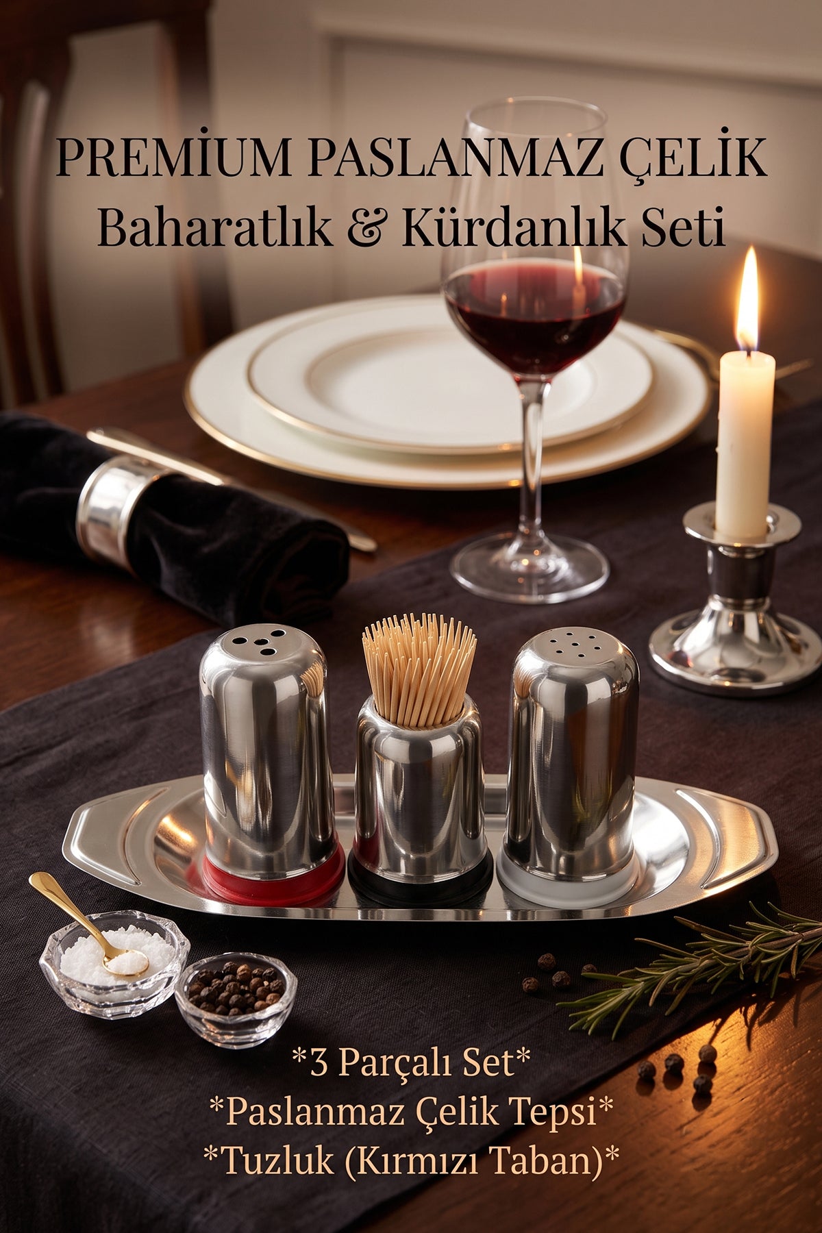 Paslanmaz Çelik 5'li Baharatlık Seti Tepsili – Tuzluk, Karabiberlik ve Baharat Düzenleyici
