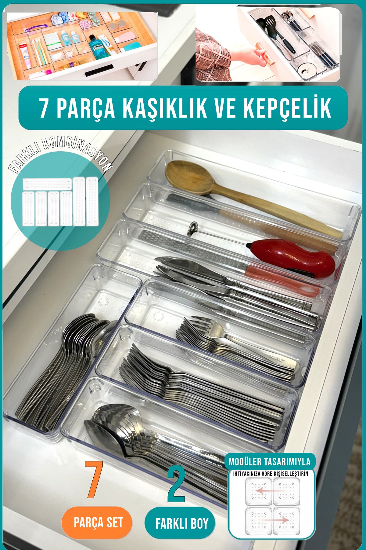 7 Parça Modüler Mutfak Kaşıklık ve Çekmece İçi Düzenleyici Organizer Set