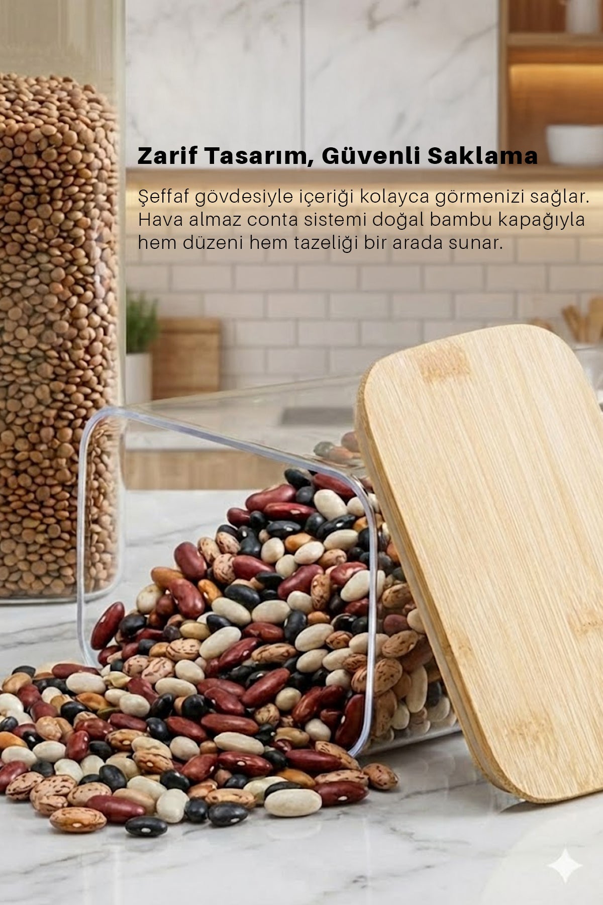 Bambu Kapaklı Kare 4’lü 2100 ML Hava Geçirmez Büyük Hacimli Gıda Saklama Kabı Seti