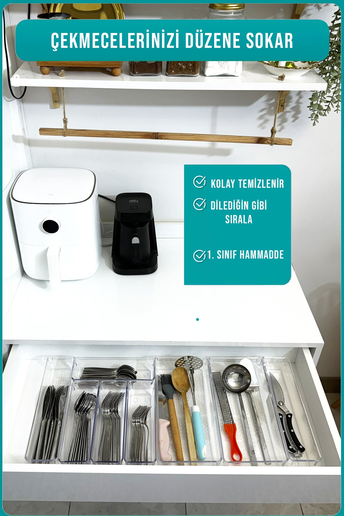 8'li Modüler Kaşıklık ve Kepçelik Düzenleyici Organizer - İki Çekmecede Kullanılabilir