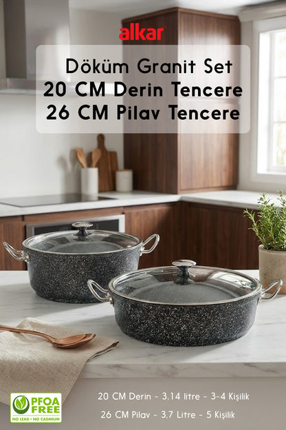 Granit Döküm 20 CM Derin Tencere ve 26 Cm Basık Pilav ve Karnıyarık Tencere Seti 2'li Set