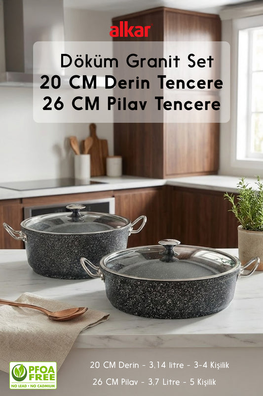 Granit Döküm 20 CM Derin Tencere ve 26 Cm Basık Pilav ve Karnıyarık Tencere Seti 2'li Set