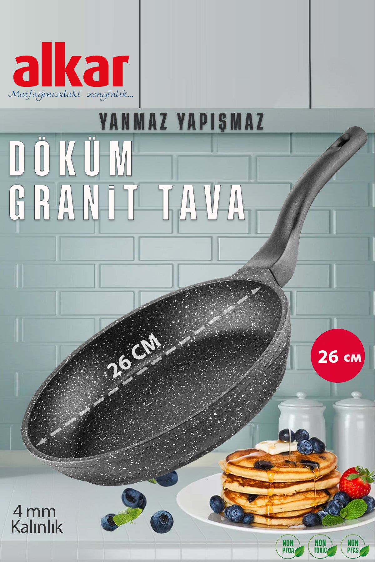 26 CM Granit Döküm Tava Yanmaz Yapışmaz Ağır Döküm