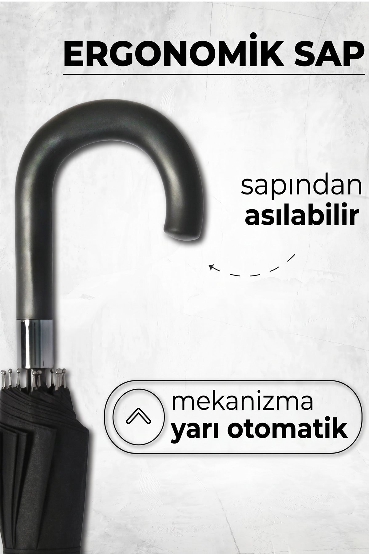 Baston Şemsiye 16 Telli Premium Kalite Geniş Kubbeli Siyah Şemsiye Kaymaz Saplı Rüzgara Dayanıklı Klasik Şemsiye
