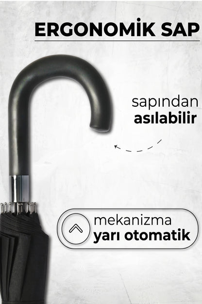 Baston Şemsiye 16 Telli Premium Kalite Geniş Kubbeli Siyah Şemsiye Kaymaz Saplı Rüzgara Dayanıklı Klasik Şemsiye