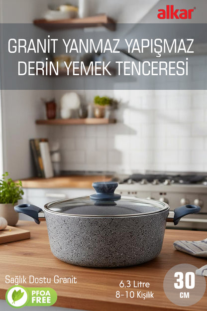 30 CM Bio Granit Büyük Boy Derin Yemek Tenceresi Yanmaz Yapışmaz Derin Tencere