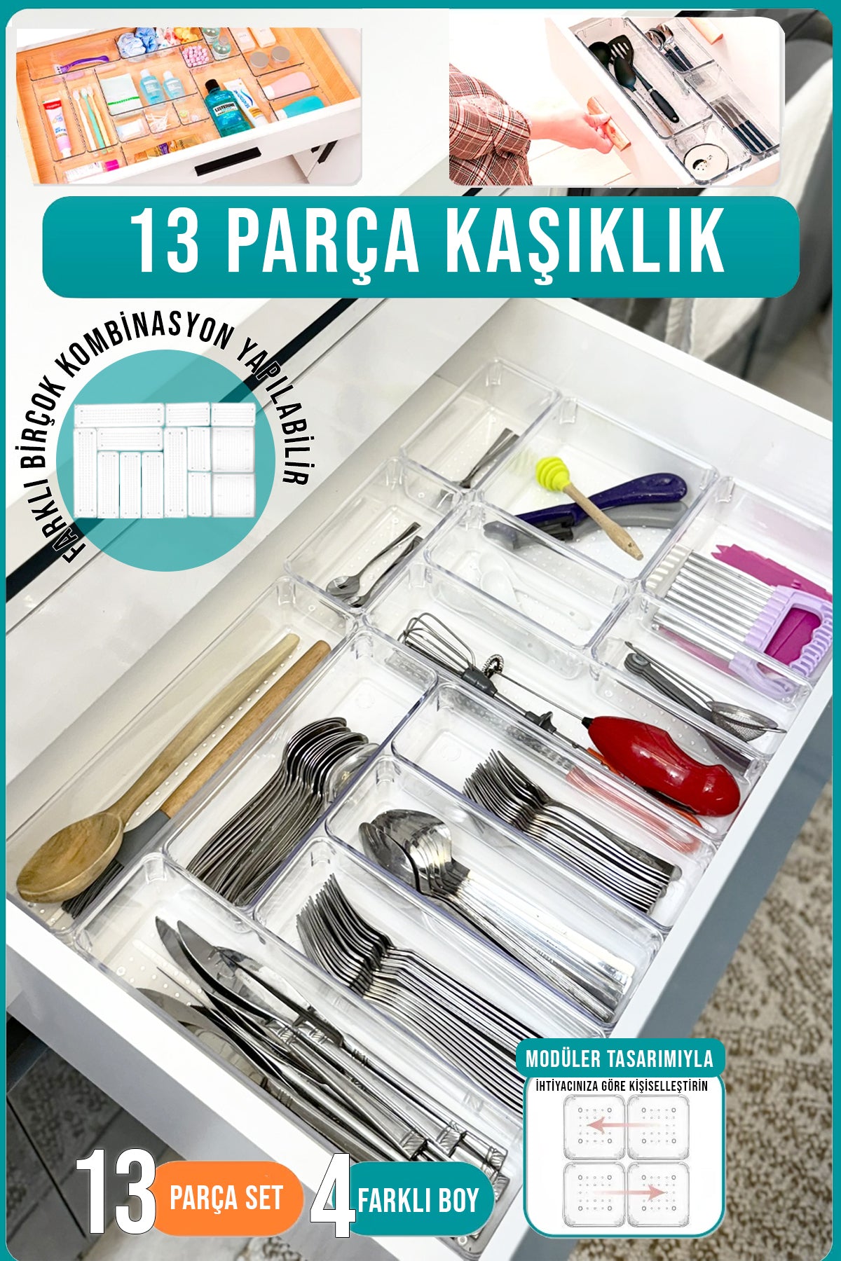 13'lü Modüler Kaşıklık ve Çekmece İçi Düzenleyici Şeffaf Organizer İki Çekmece Kullanılabilir