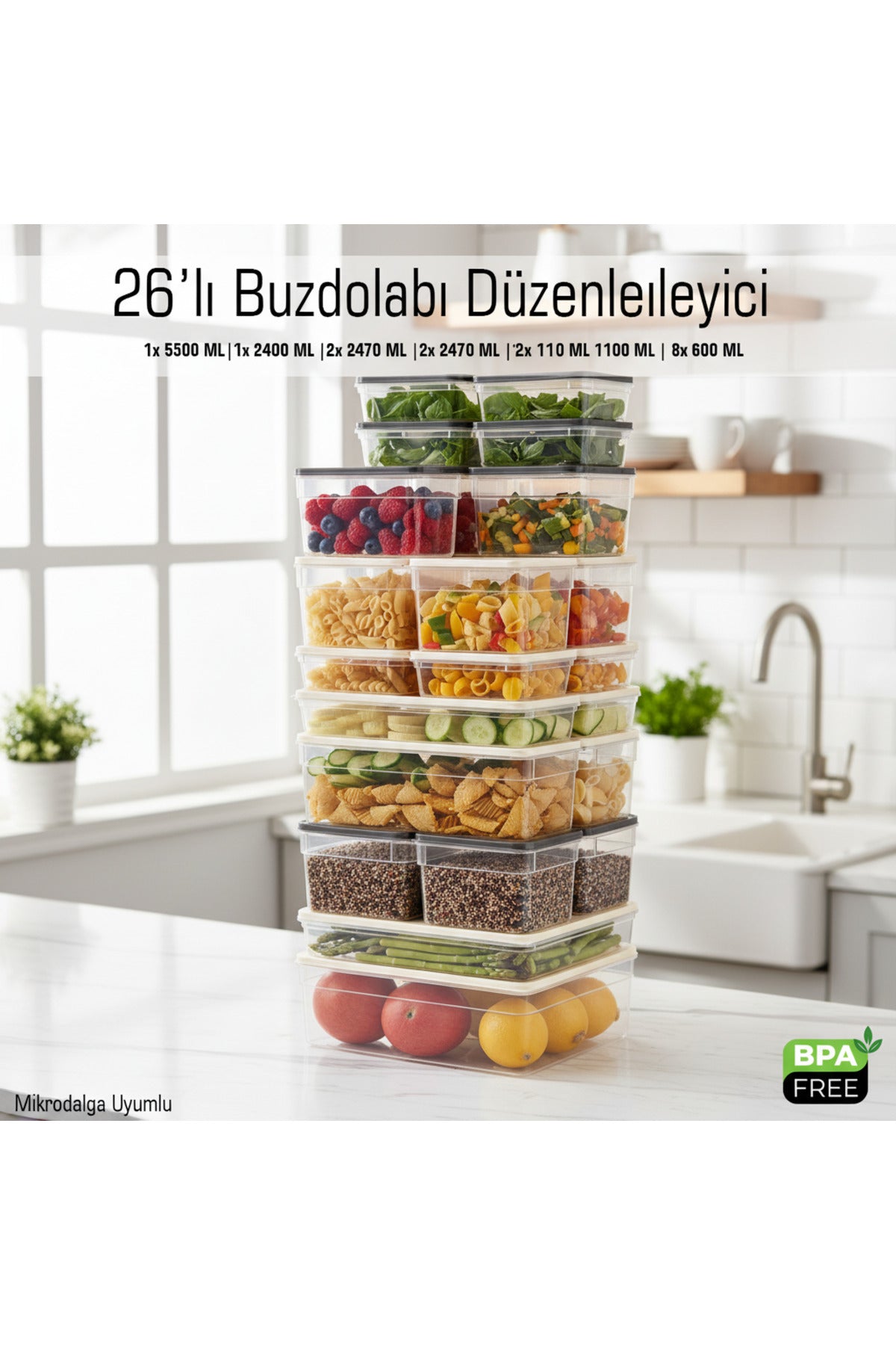 26'lı Buzdolabı ve Derin Dondurucu Düzenleyici Saklama Kabı 6 Farklı Boy Mikrodalga Uyumlu BPA Free