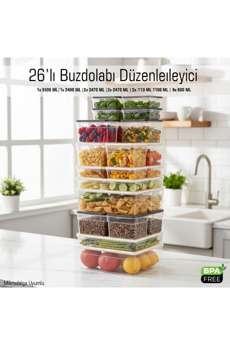 26'lı Buzdolabı ve Derin Dondurucu Düzenleyici Saklama Kabı 6 Farklı Boy Mikrodalga Uyumlu BPA Free