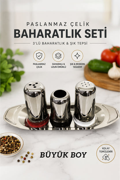 Paslanmaz Çelik Büyük Boy 3'lü Baharatlık Seti Tepsili Tuzluk Karabiberlik Kürdanlık Şık Masa Üstü Baharatlık