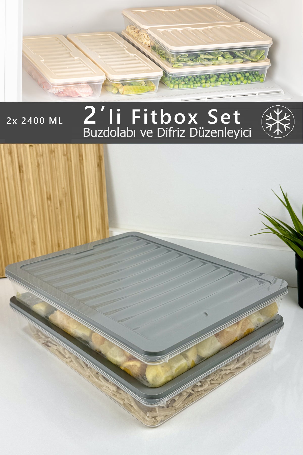 2'li Fitbox Set 2400 ML Hava Geçirmez Buzdolabı ve Buzluk Düzenleyici