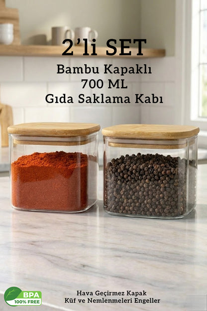 Bambu Kapaklı 2'li Set Hava Geçirmez Çok Amaçlı Baharat Kahve Bakliyat Gıda Saklama Kabı