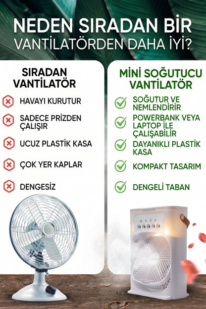 Çok Fonksiyonlu Su Hazneli Vantilatör - Nemlendirici, Aromaterapi ve 7 Renk Taşınabilir USB Tip-C