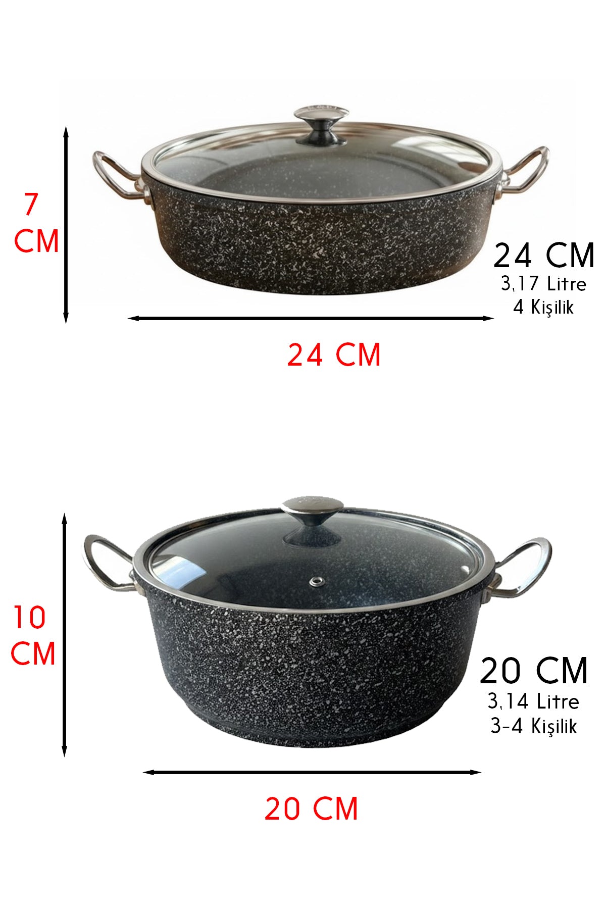 20 Cm Derin & 24 Cm Pilav Tencere Seti Granit Döküm Tencere Seti Fırına Girebilir