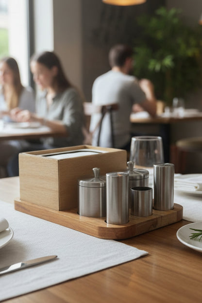 Tam Set Masif Ahşap Otel Restoran Kafe Lokanta Baharatlık Tuzluk Menaj Seti Paslanmaz Çelik