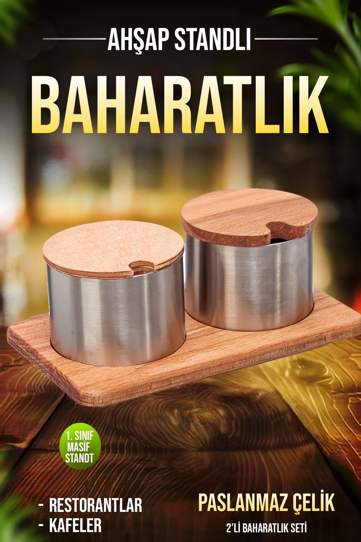 2'li Paslanmaz Çelik Çok Amaçlı Ahşap Stantlı Kafe Restorant Baharatlık
