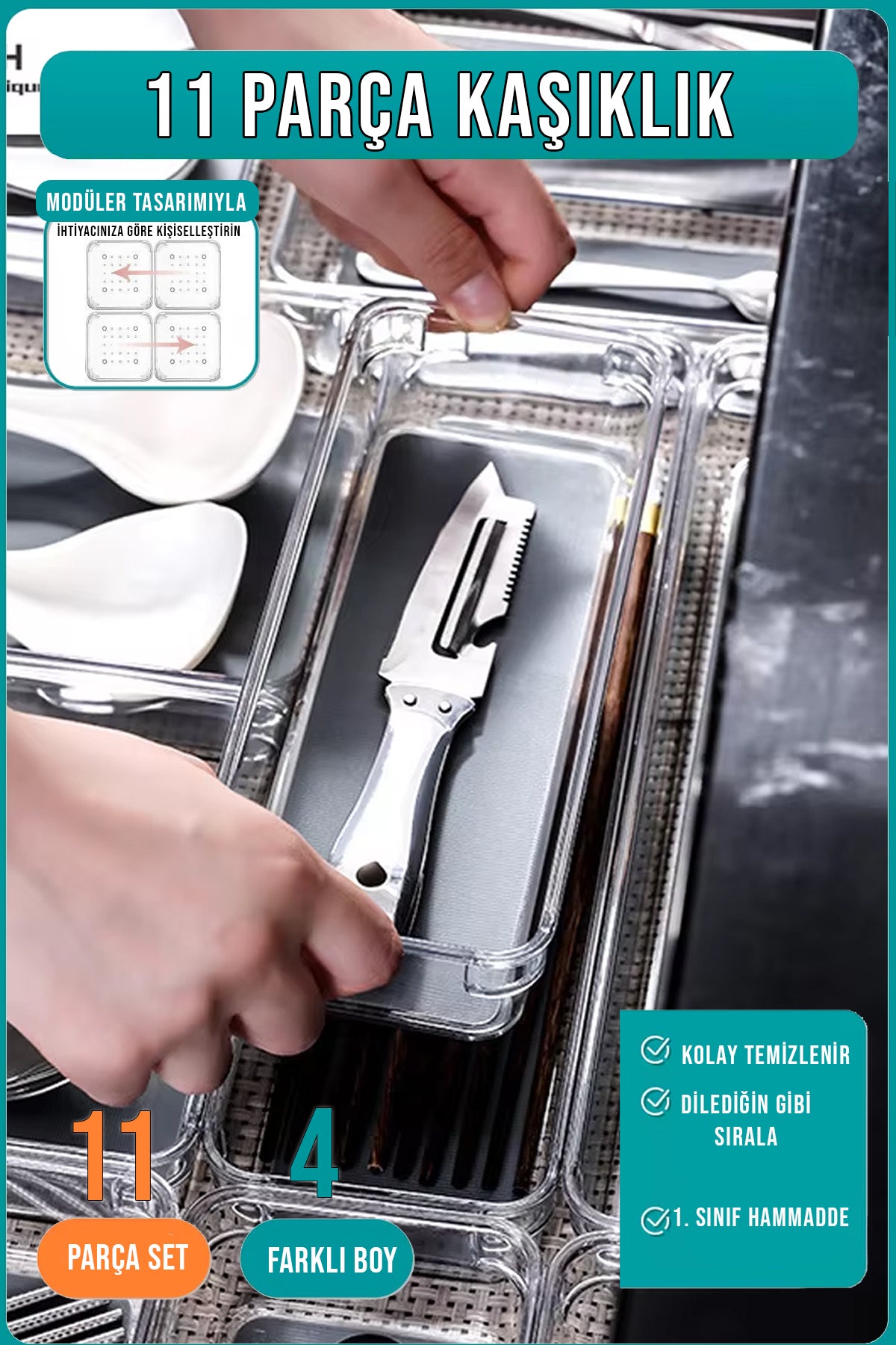 11 Li Kaşıklık ve Çekmece İçi Düzenleyici Modüler Organizer Set