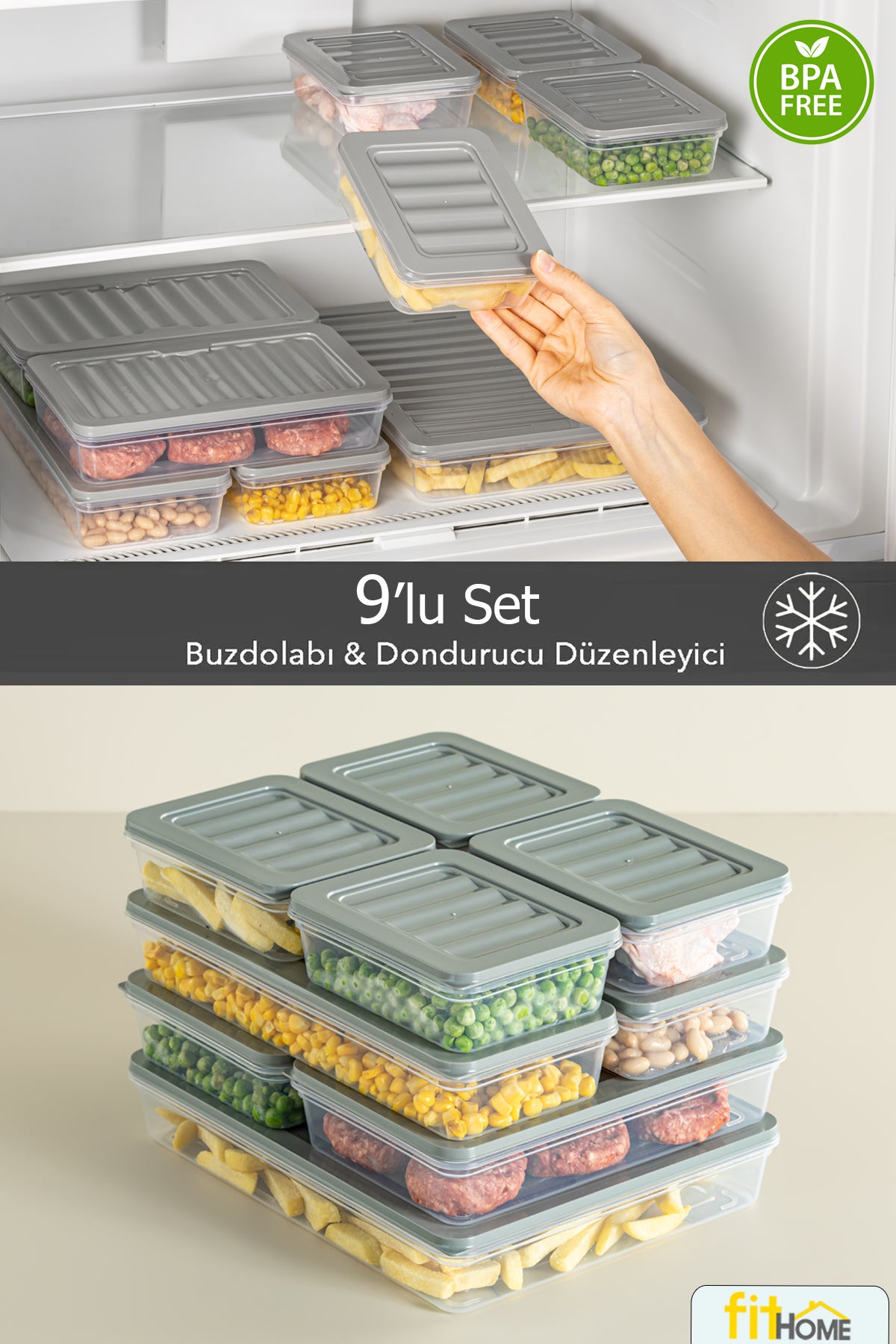 9'lu Derin Dondurucu Düzenleyici Hava Almaz Saklama Kabı Seti 1x2400ML 2x1170ML 2x1200ML 2x600ML