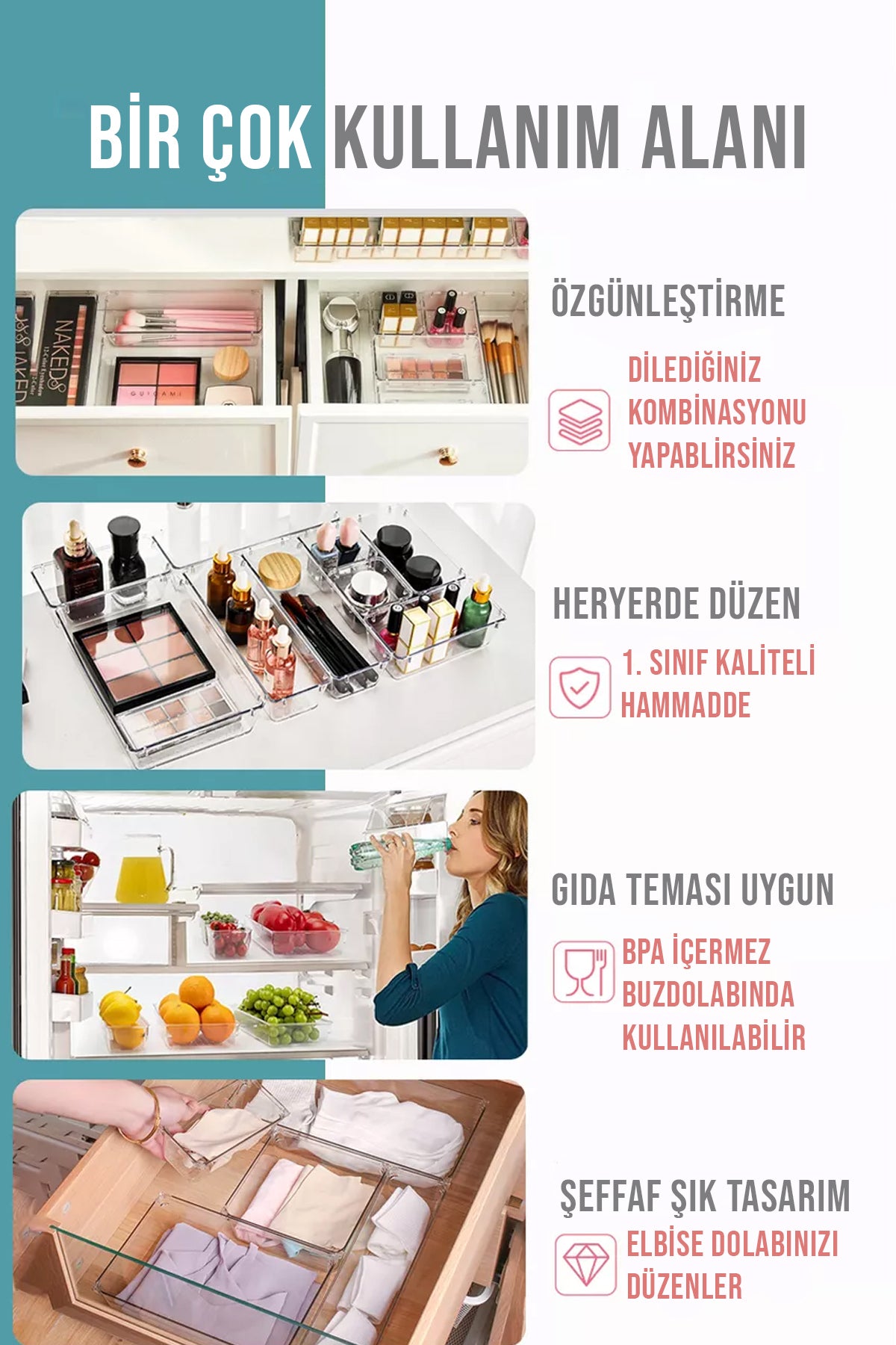 16 Parça Modüler Çok Amaçlı Çekmece İçi Düzenleyici Makyaj Takı Ofis Mutfak Organizeri