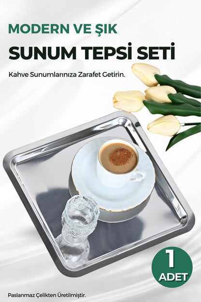 1 Adet Paslanmaz Çelik Kare Kahve Sunum Tepsi Seti