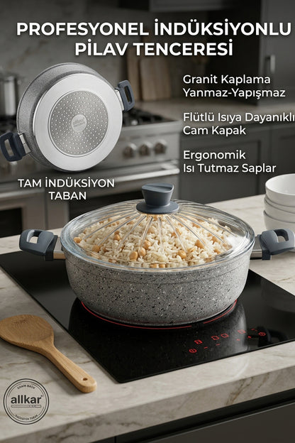 24 cm İndüksiyon Tabanlı Granit Pilav Tenceresi Cam Kapaklı 3 - 5 Kişilik