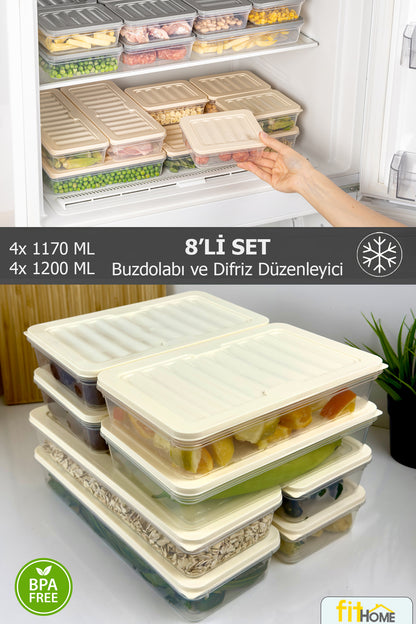 Buzdolabı ve Buzluk Düzenleyici 8'li Hava Almaz Saklama Kabı Seti 4x1170ML 4x1200ML