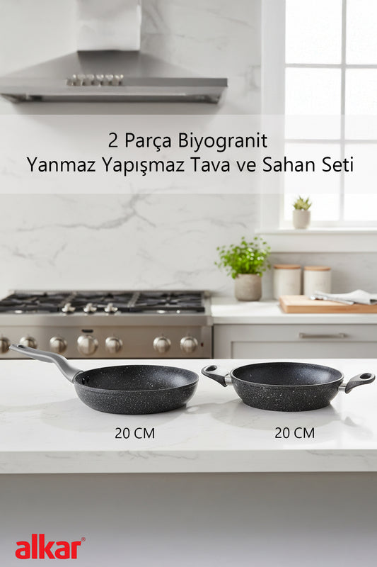 2 Parça 20 CM Bio Granit Sahan ve Tava Seti Yanmaz Yapışmaz, Sağlıklı ve Dayanıklı Kullanım