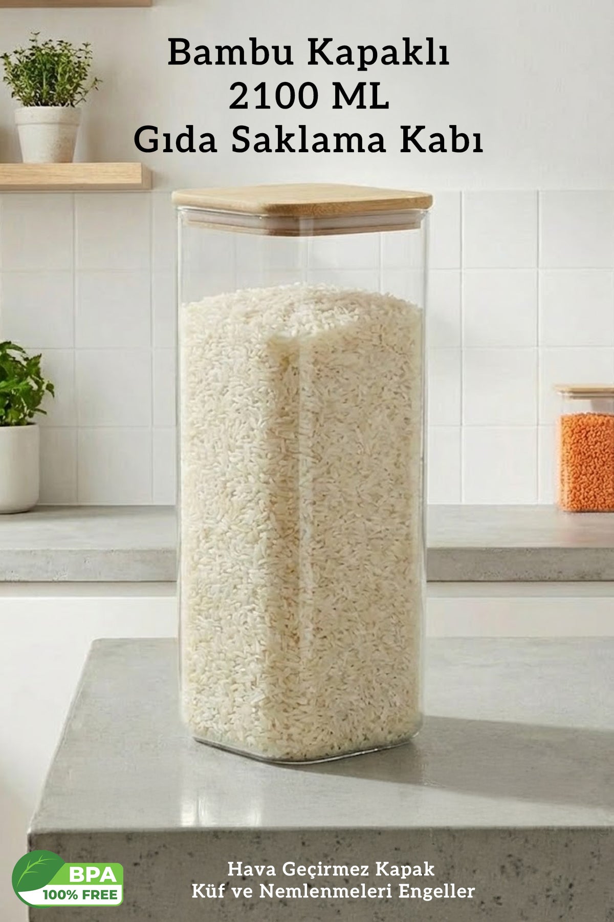 Bambu Kapak Kare 2.1 Litre Hava Geçirmez Bakliyat Gıda Saklama Kabı - 2100 ML