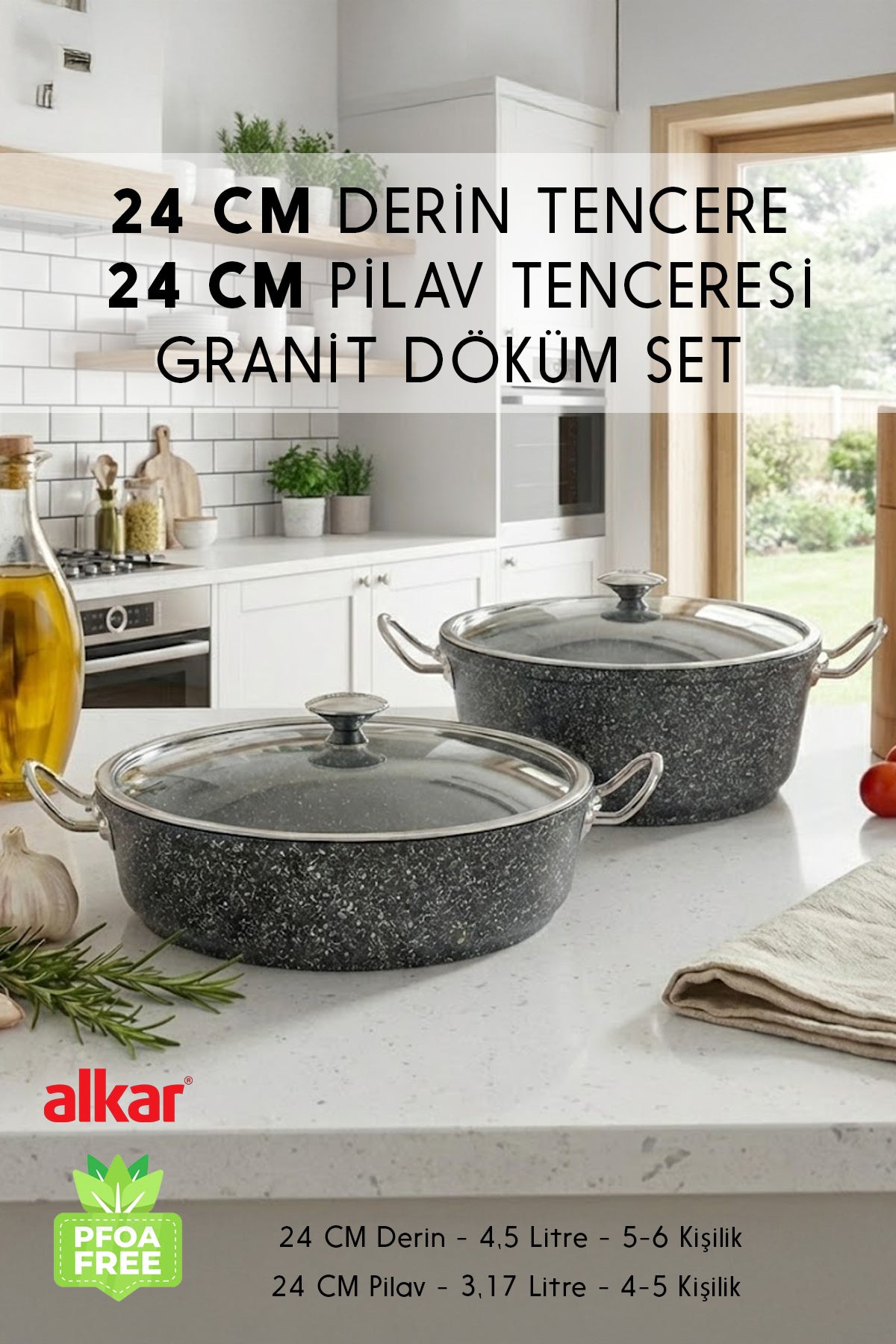 24 Cm Derin ve 24 Cm Pilav Karnıyarık Granit Döküm Tencere Seti Fırına Uygun 2'li Set