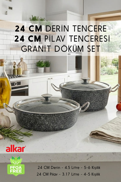 24 Cm Derin ve 24 Cm Pilav Karnıyarık Granit Döküm Tencere Seti Fırına Uygun 2'li Set