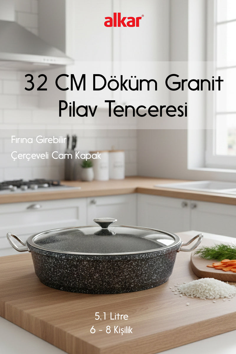 32 CM Döküm Granit Fırına Girebilir Yanmaz ve Yapışmaz Pilav Tenceresi