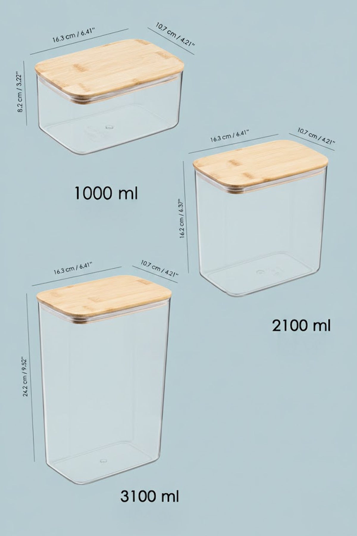 Bambu Kapaklı Dikdörtgen Hava Geçirmez Gıda Saklama Kabı Seti – 3100 ML + 2100 ML + 1000 ML