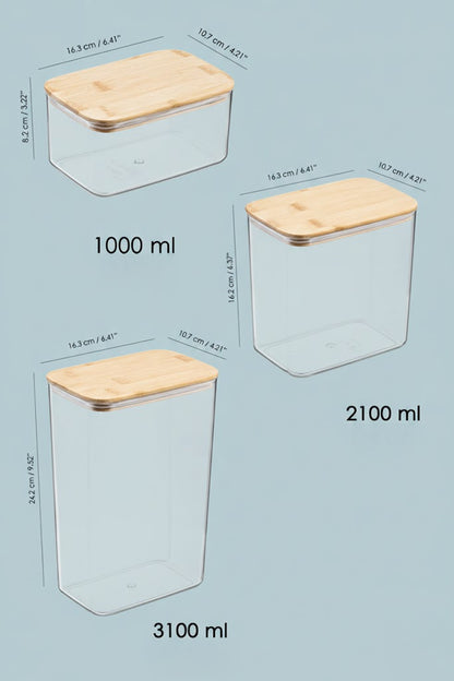 Bambu Kapaklı Dikdörtgen Hava Geçirmez Gıda Saklama Kabı Seti – 3100 ML + 2100 ML + 1000 ML