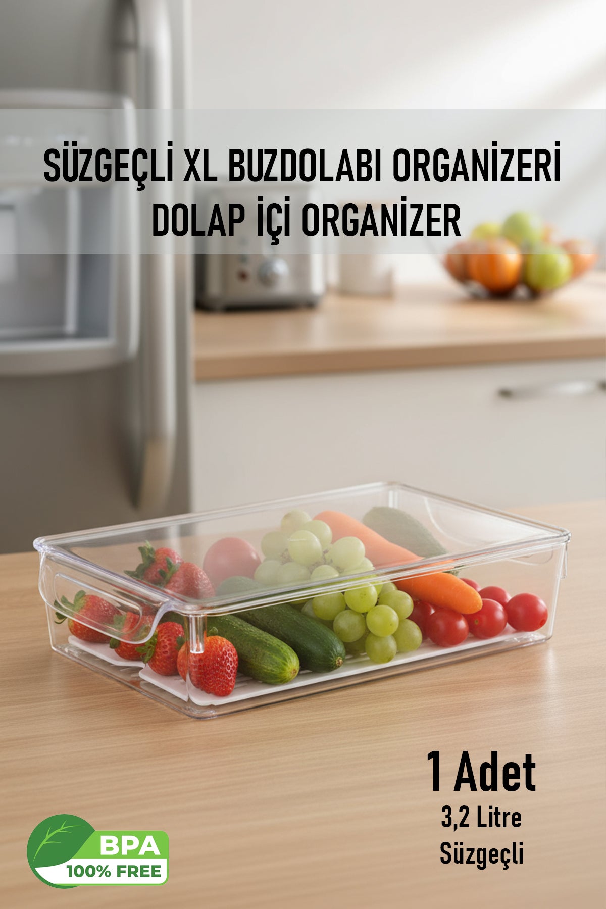 FrostyBox XL Sığ Süzgeçli Kapaklı Buzdolabı Düzenleyici ve Dolap içi Organizer 1 Adet