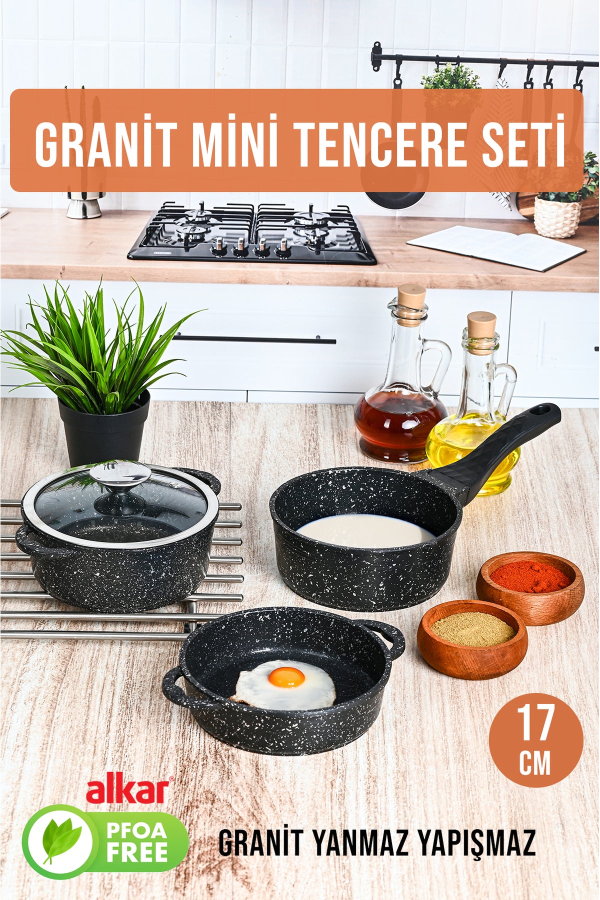 Mini Granit Tencere Seti 4 Parça Yanmaz Yapışmaz Set