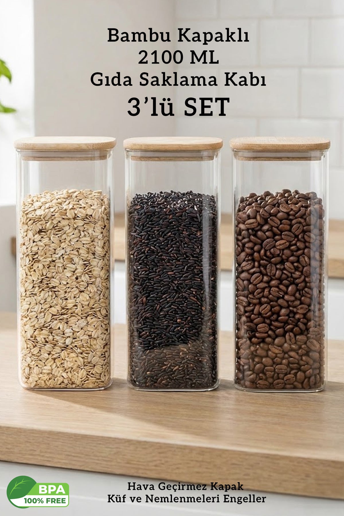 Bambu Kapaklı 2100 ML Kare Saklama Kabı 3’lü Set – Büyük Boy Hava Geçirmez Bakliyat Kabı