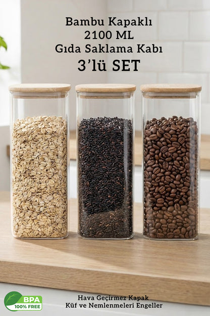 Bambu Kapaklı 2100 ML Kare Saklama Kabı 3’lü Set – Büyük Boy Hava Geçirmez Bakliyat Kabı