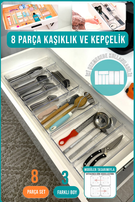 8'li Modüler Kaşıklık ve Kepçelik Düzenleyici Organizer - İki Çekmecede Kullanılabilir