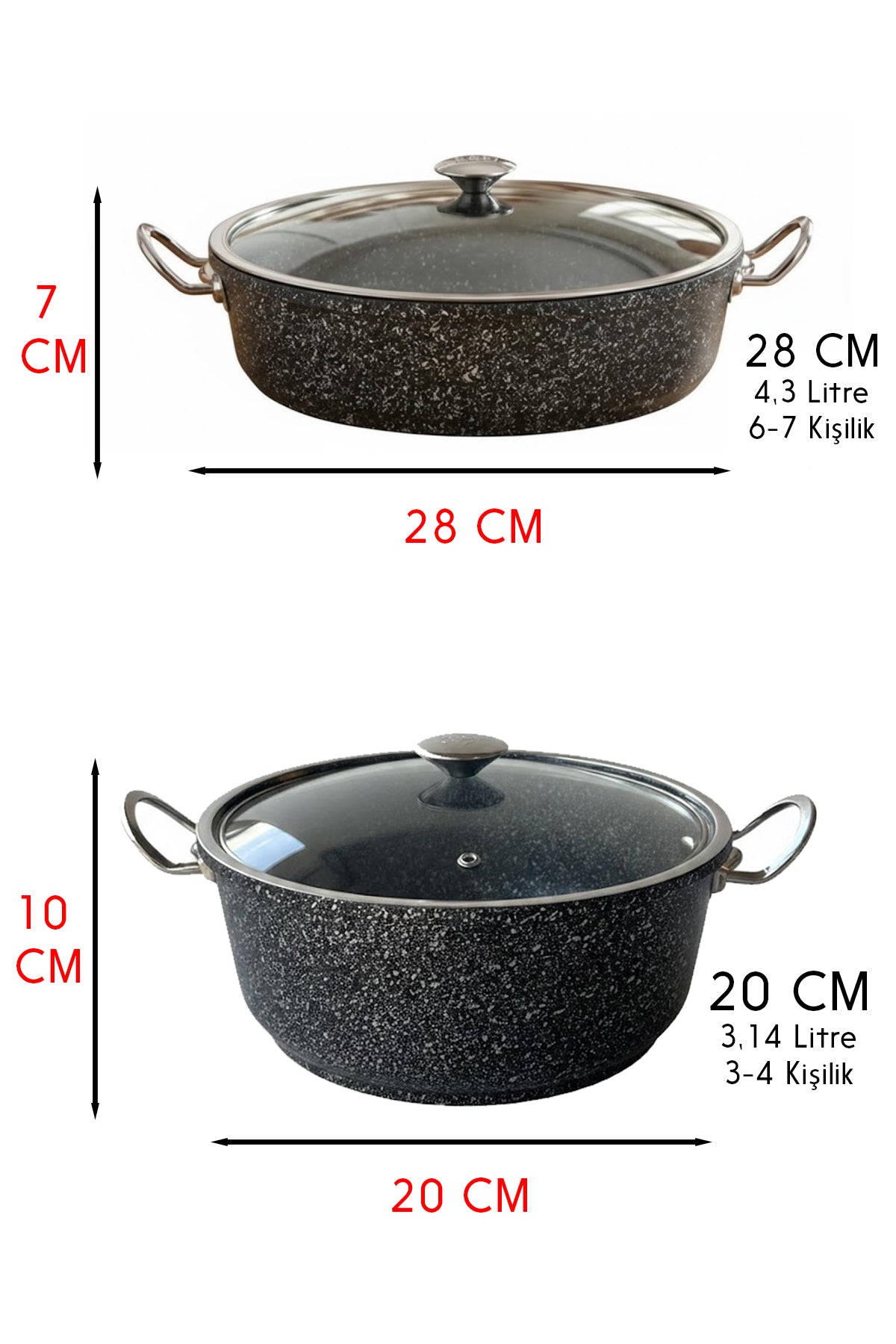 2'li Tencere Seti 20 CM Derin Yemek 28 CM Basık Pilav ve Karnıyarık Tencere Seti Granit Döküm