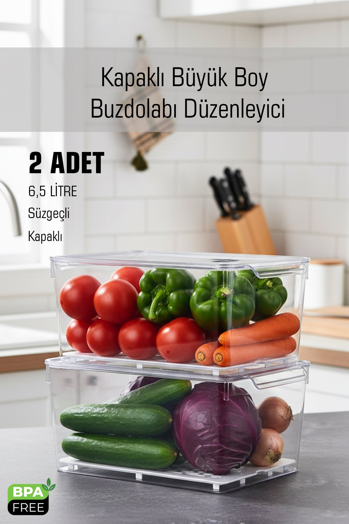Frostybox Kapaklı Süzgeçli Büyük Boy 2'li Buzdolabı Düzenleyici ve Dolap İçi Organizer Set