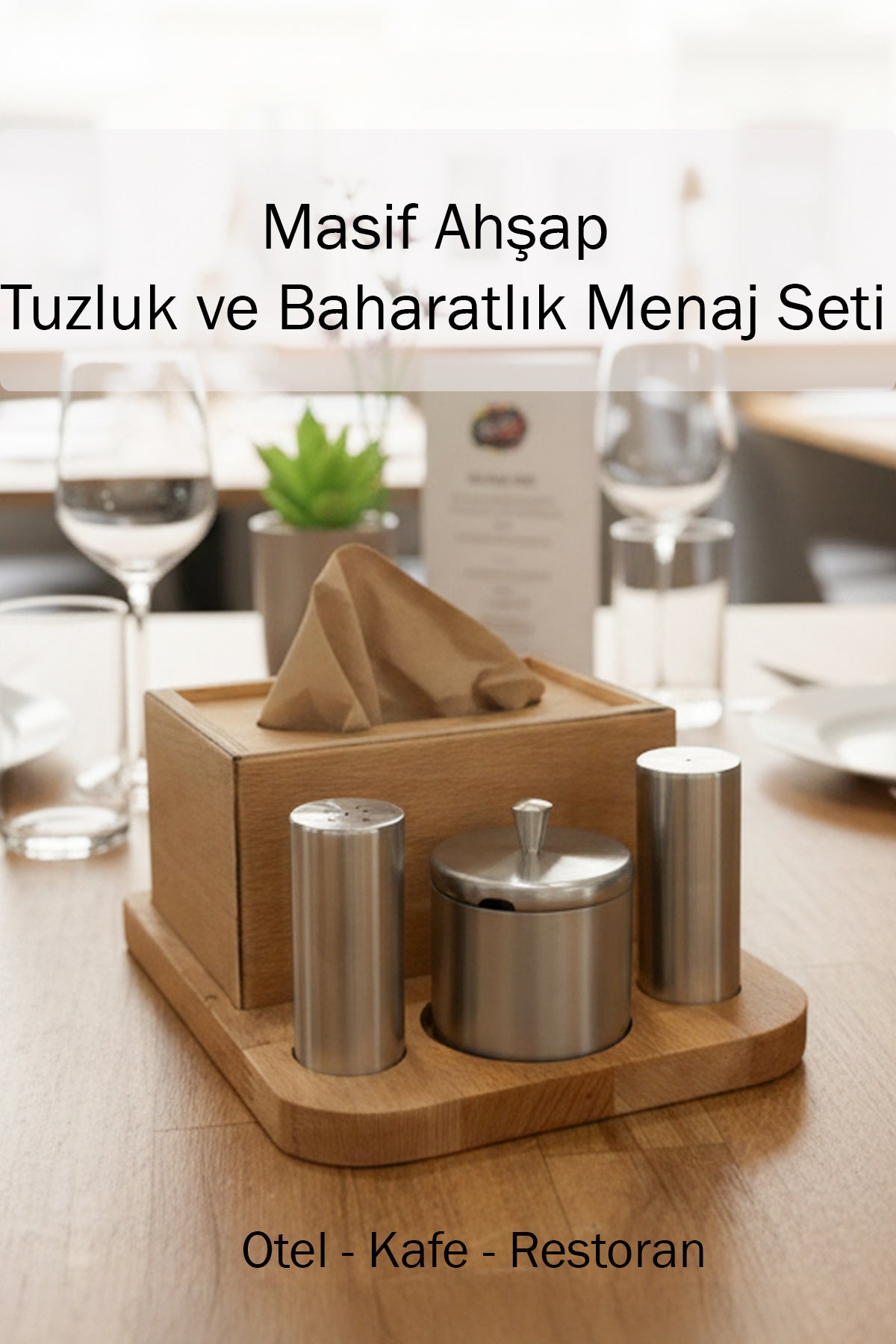 Masif Ahşap Tuzluk Baharatlık Menaj Seti Paslanmaz Kafe Restoran ve Oteller İçin Profesyonel Sunum
