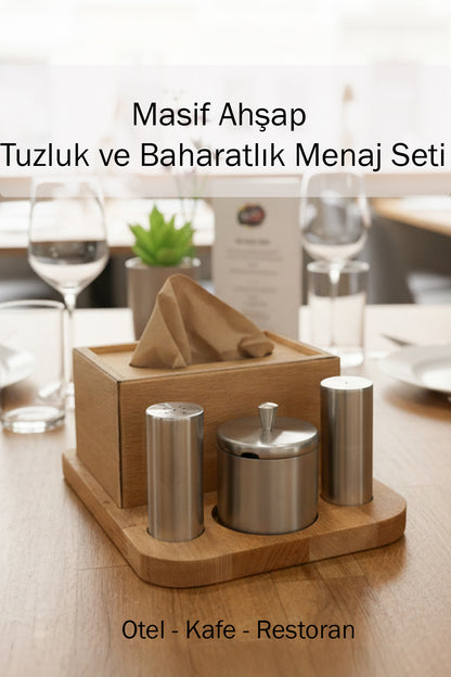 Masif Ahşap Tuzluk Baharatlık Menaj Seti Paslanmaz Kafe Restoran ve Oteller İçin Profesyonel Sunum