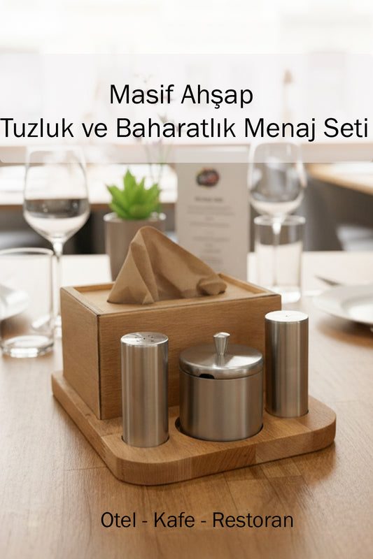 Masif Ahşap Tuzluk Baharatlık Menaj Seti Paslanmaz Kafe Restoran ve Oteller İçin Profesyonel Sunum