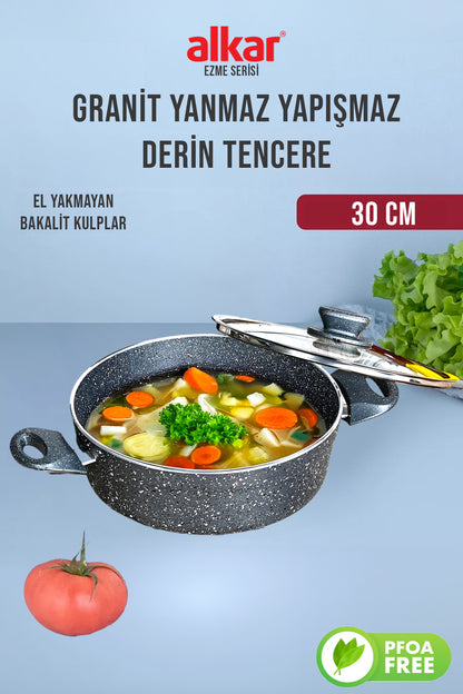 Granit Yanmaz Yapışmaz Derin Yemek Tenceresi El Yakmayan Saplar