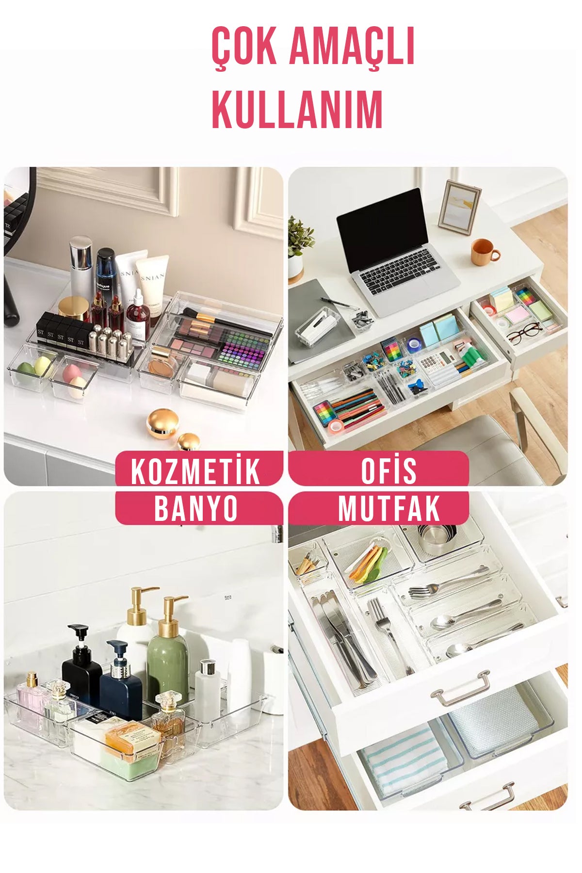 10'lu Çok Amaçlı Çekmece İçi Düzenleyici Set Şeffaf Organizer Makyaj Takı Organizeri