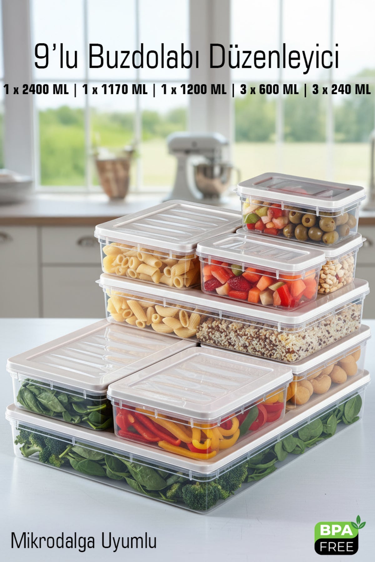 9’lu Buzdolabı Düzenleyici Saklama Kabı Seti Mikrodalga Uyumlu BPA Free Dolap İçi Düzenleyici