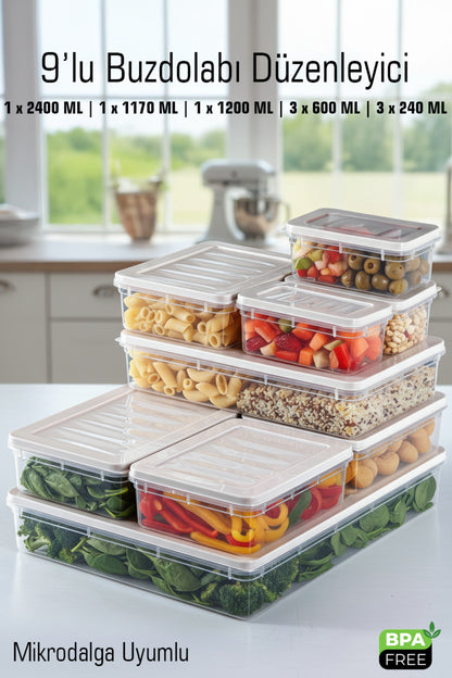 9’lu Buzdolabı Düzenleyici Saklama Kabı Seti Mikrodalga Uyumlu BPA Free Dolap İçi Düzenleyici
