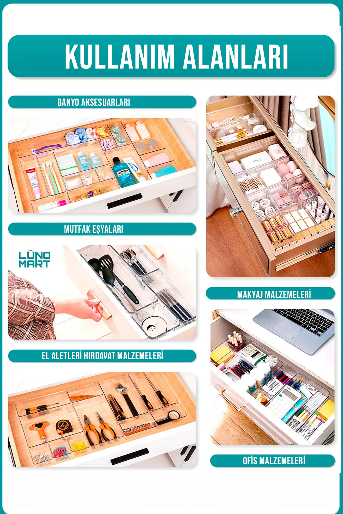 9'lu Modüler Kaşık ve Kepçe Düzenleyici Organizer İki Çekmecede Kullanılabilir