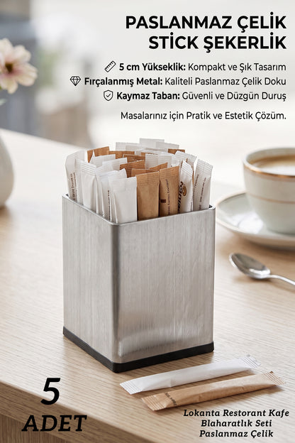 5'li Paslanmaz Çelik Stick Şekerlik Seti – Kare Metal Şeker Standı | Kafe, Restoran, Otel, Ofis ve Ev Kullanımına Uygun