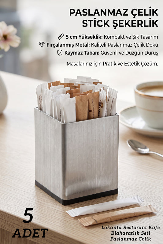 5'li Paslanmaz Çelik Stick Şekerlik Seti – Kare Metal Şeker Standı | Kafe, Restoran, Otel, Ofis ve Ev Kullanımına Uygun